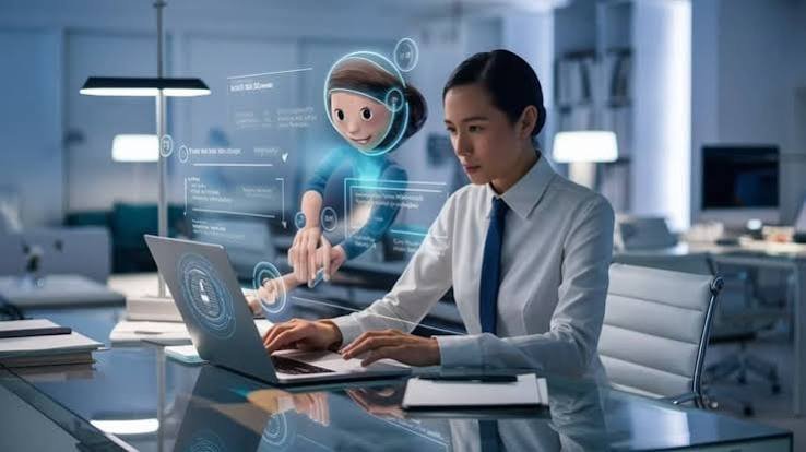 Woman working on a laptop in a modern office while interacting with a holographic AI assistant interface