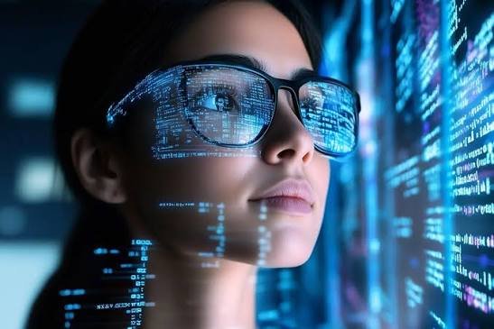 Woman with lines of code reflected in her glasses representing working with AI tools and technology