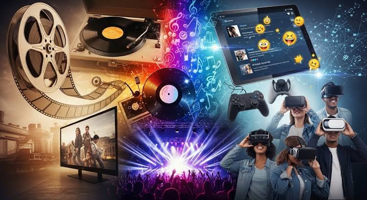 Collage of film reels, screens and entertainment media representing movie reviews and cinema culture