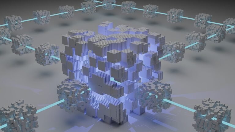 Abstract glowing blue digital blocks representing blockchain technology and cryptocurrency