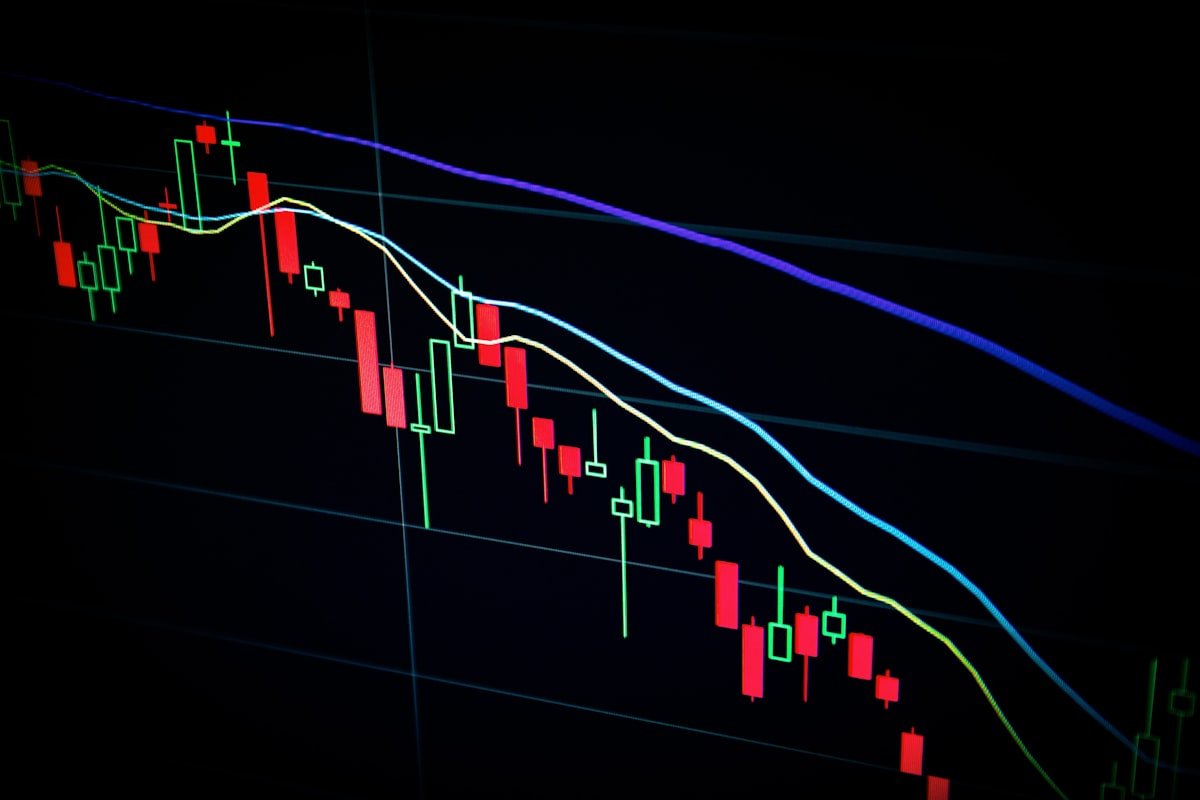 Stock market candlestick chart with red and green price movements representing financial market news