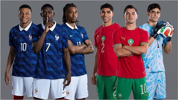 France and Morocco national football team players posing ahead of their World Cup 2026 quarter-final