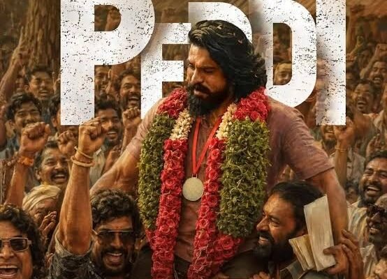 Ram Charan garlanded and celebrated by crowd in Peddi movie poster, now streaming on Netflix