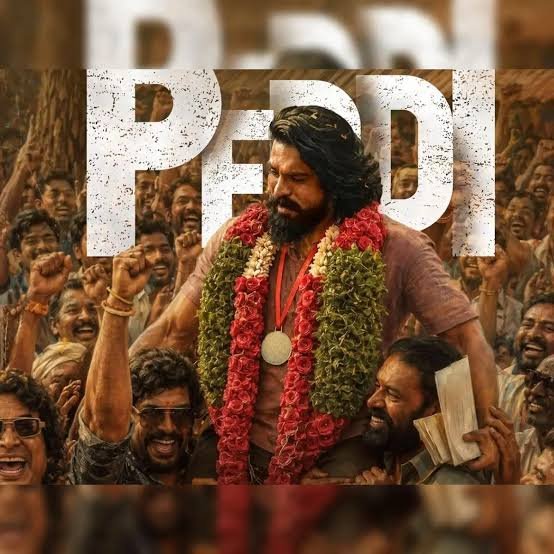 Ram Charan garlanded and celebrated by crowd in Peddi movie poster, now streaming on Netflix