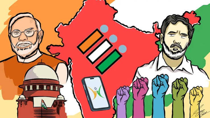 Illustration of India with election symbols and political leaders representing the role of a prime minister