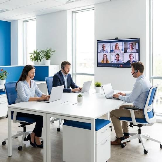 Team of coworkers in a modern office collaborating at a shared desk while joining a video call with remote colleagues