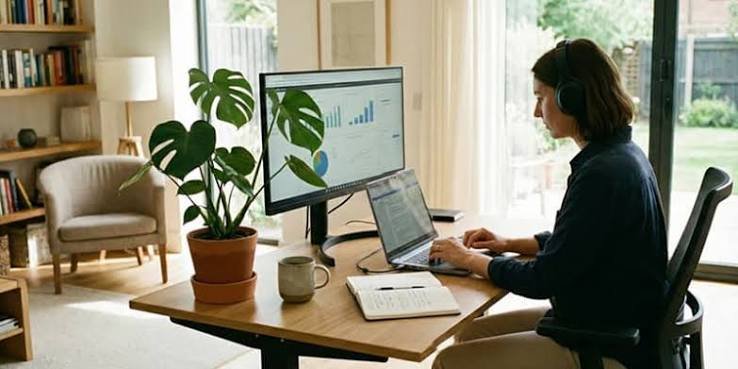 Person wearing headphones working from a home office desk with dual monitors and a laptop, with a plant nearby